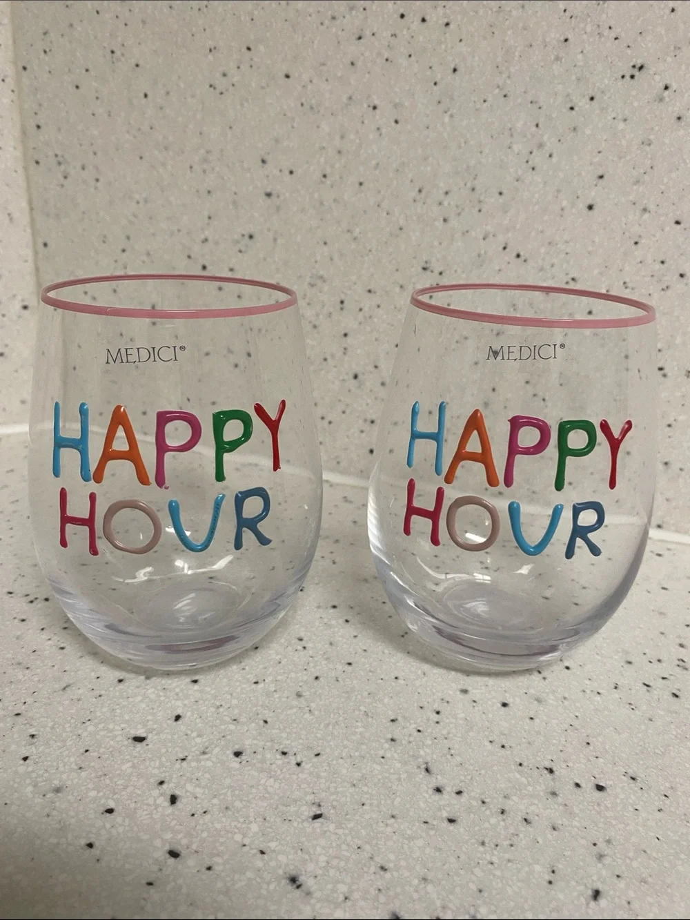 NWT.  Medici, “Happy Hour” Multicolor Stemless Wine Glass (Set of 2)